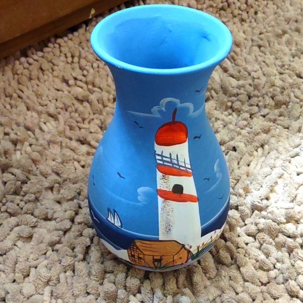 Vase Hand painted red, white blue lighthouse ocean coastal scene 9‎ in tall